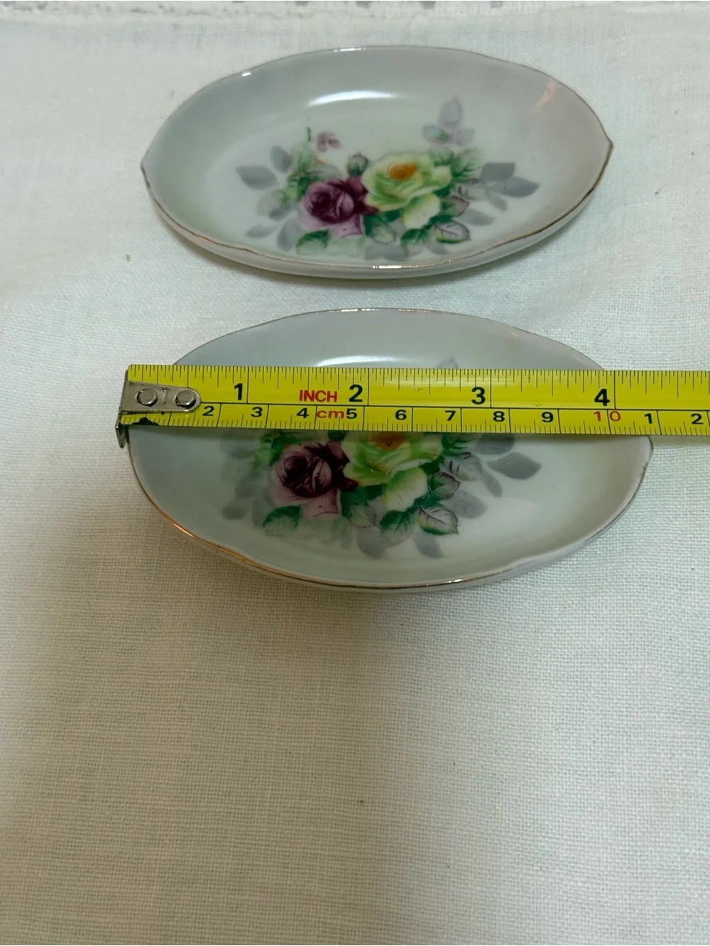 Vintage Butter Pats/ Trinket Dish Floral w/ Gold Trim 4” Set Of 2